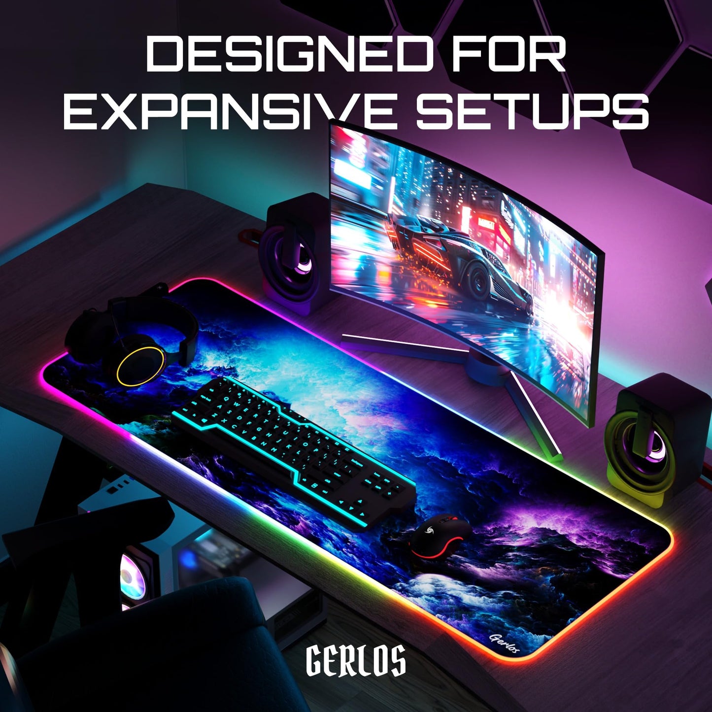 Gerlos RGB Large Gaming Mouse Pad, Extended Soft LED Mouse Pad, Non-Slip Rubber Base, Water Resist Keyboard Pad, Gaming Mousepad 31.5×11.8 inches