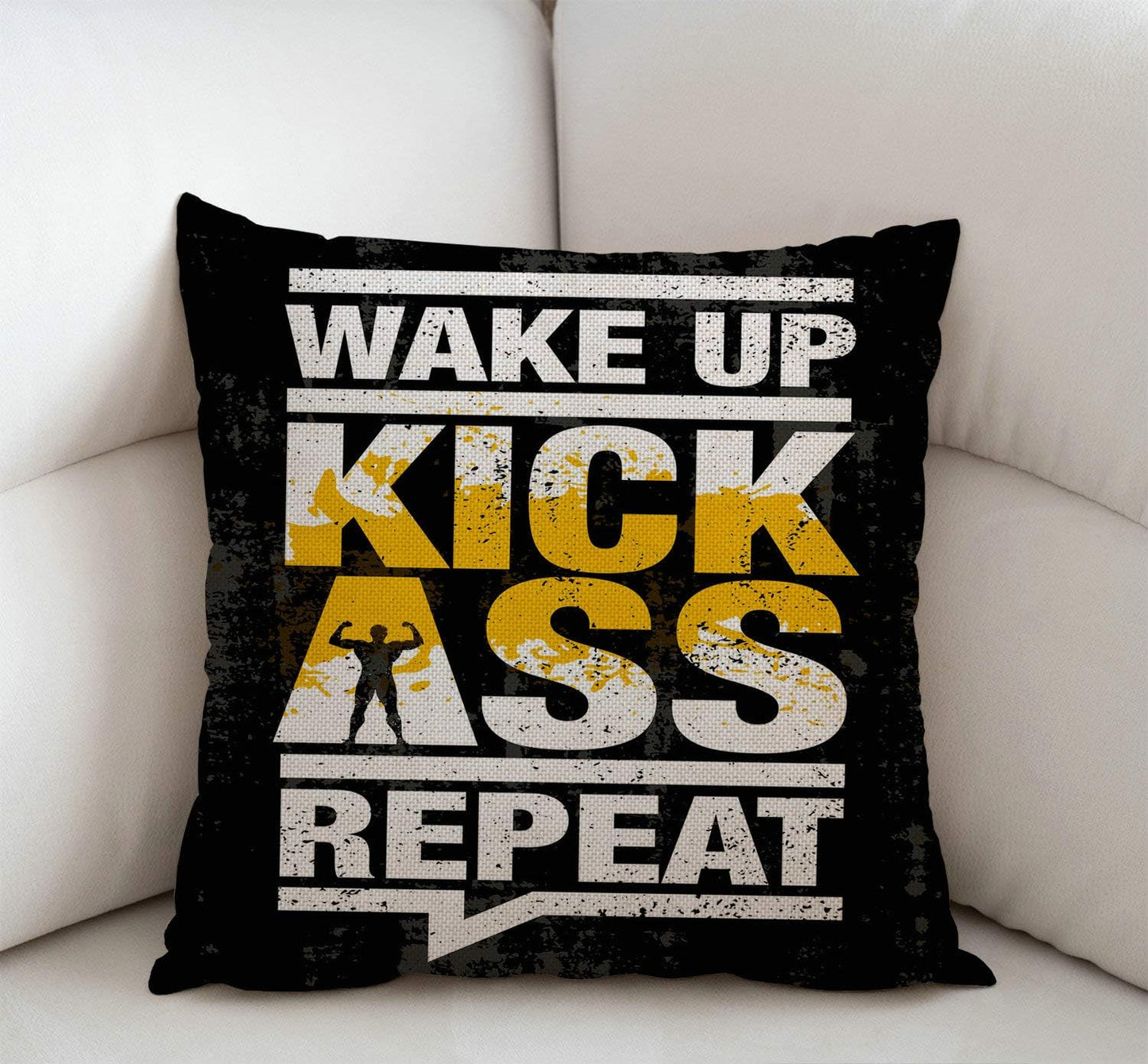 Swono Fitness Gym Sport Workout Motivation Quote Throw Pillow Case Funny Quotes Cushion Cover Cotton Linen 18 x 18 Inch,Wake Up Kick Ass Repeat