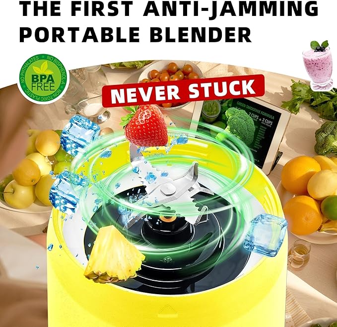 Portable Blender, Anti-Jamming 300 Watt for Shakes and Smoothies, 24oz Travel Blender USB Rechargeable, BPA Free Sporty bottle with a Travel Lid. (Black Base Grey Lid) (Yellow Base Grey Lid)