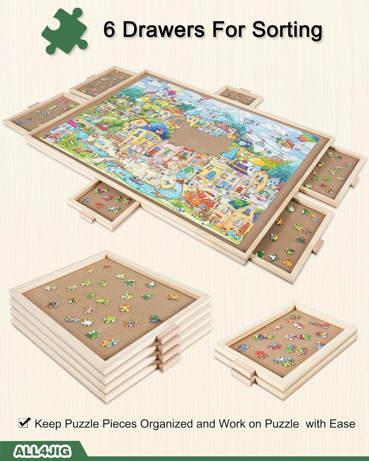 ALL4JIG 2000 Pieces Rotating Puzzle Board with 6 Drawers and Cover,28"x40"Portable Wooden Jigsaw Puzzle Table for Adults,Lazy Susan Spinning Puzzle Boards Birthday Gift for mom