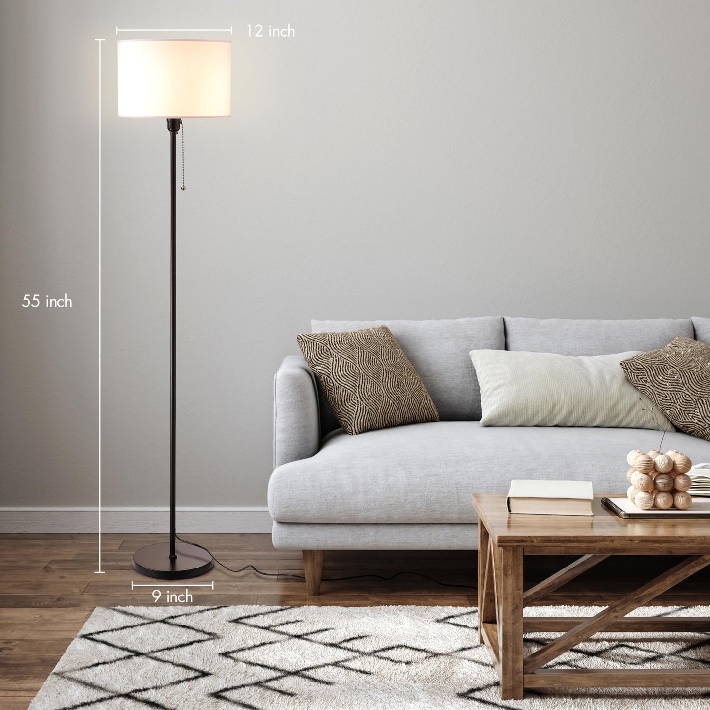 OBright Drum Shade Standing Lamp, Pull Chain Switch, Metal, Black, Model OB-FL19S