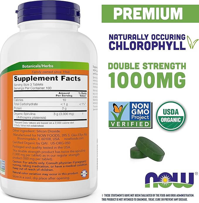 NOW Foods Organic Spirulina 1000mg Tablets - 300 Count (Pack of 2) - Non-GMO, Super Green Whole Food Supplement - Double Strength 1000 mg - Naturally Occurring Beta-Carotene (VIT A), B-12 and GLA
