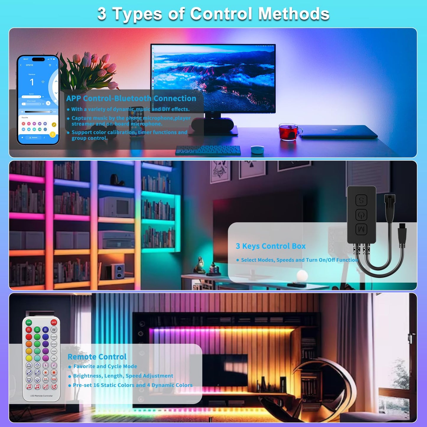 Gingsow Bluetooth Music LED Controller SP611E for WS2812b WS2811 RGB LED Strips, APP/IR Remote, DC5V-24V