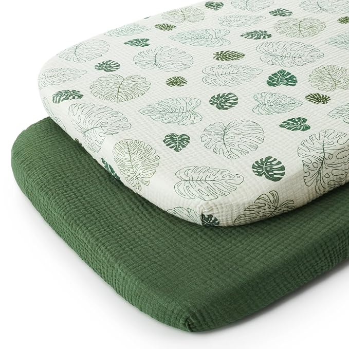 Blissful Diary Muslin Bassinet Sheets for Baby Girls Boys, Boho Soft Cotton Fitted for Oval Hourglass Rectangle Mattress, 2 Pack(Monstera&Dark Green)
