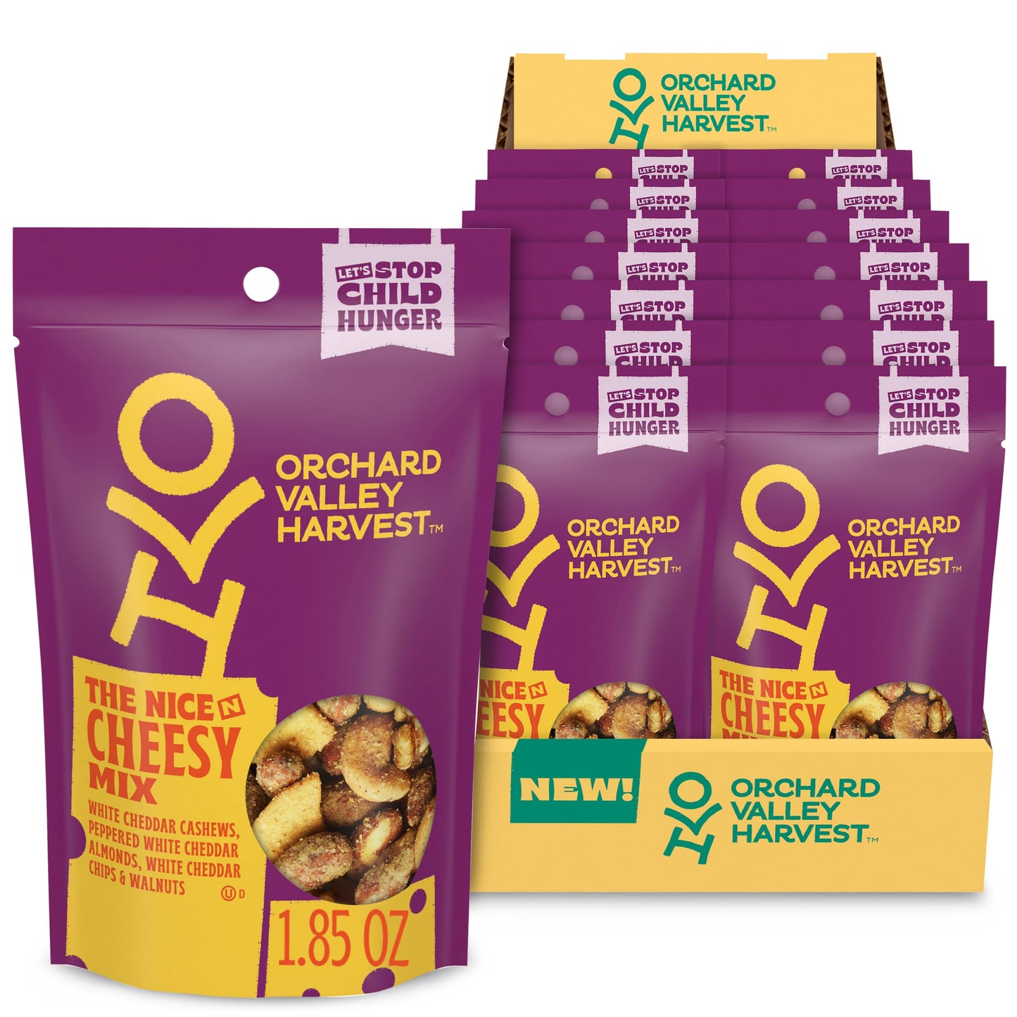 Orchard Valley Harvest Nice N Cheesy Mix, 1.85 oz (Pack of 14), White Cheddar Almonds, Cashews, Chips, Walnuts, Resealable Bag,