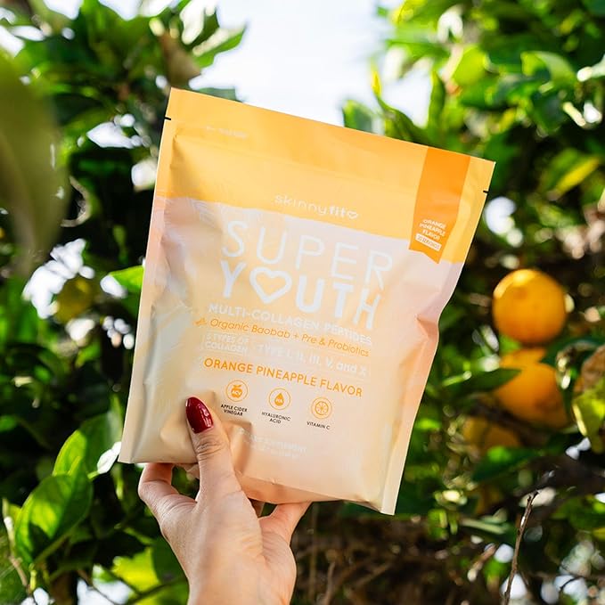 SkinnyFit - Super Youth, Orange Pineapple (28 Servings) - Multi Collagen Peptides Powder - Probiotics, Fiber, Hyaluronic Acid - Collagen for Women - Non GMO, Gluten Free, Sugar Free - Self Care