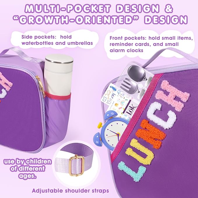 Lunch Bag Kids,Insulated Lunch Bag With Adjustable Shoulder Strap,Reusable Lunch Bag for Kids, Girls,Boys, lunch Bag Women,Preppy Lunch Box for School,Travel, Picnic (dark purple)