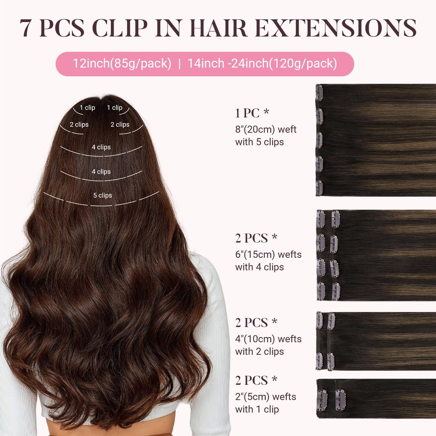 MAXITA Human Hair Clip in Extensions,120g 18 Inch 7pcs, Balayage Dark Brown Mixed Chestnut Brown Hair Extensions Clip in Human H