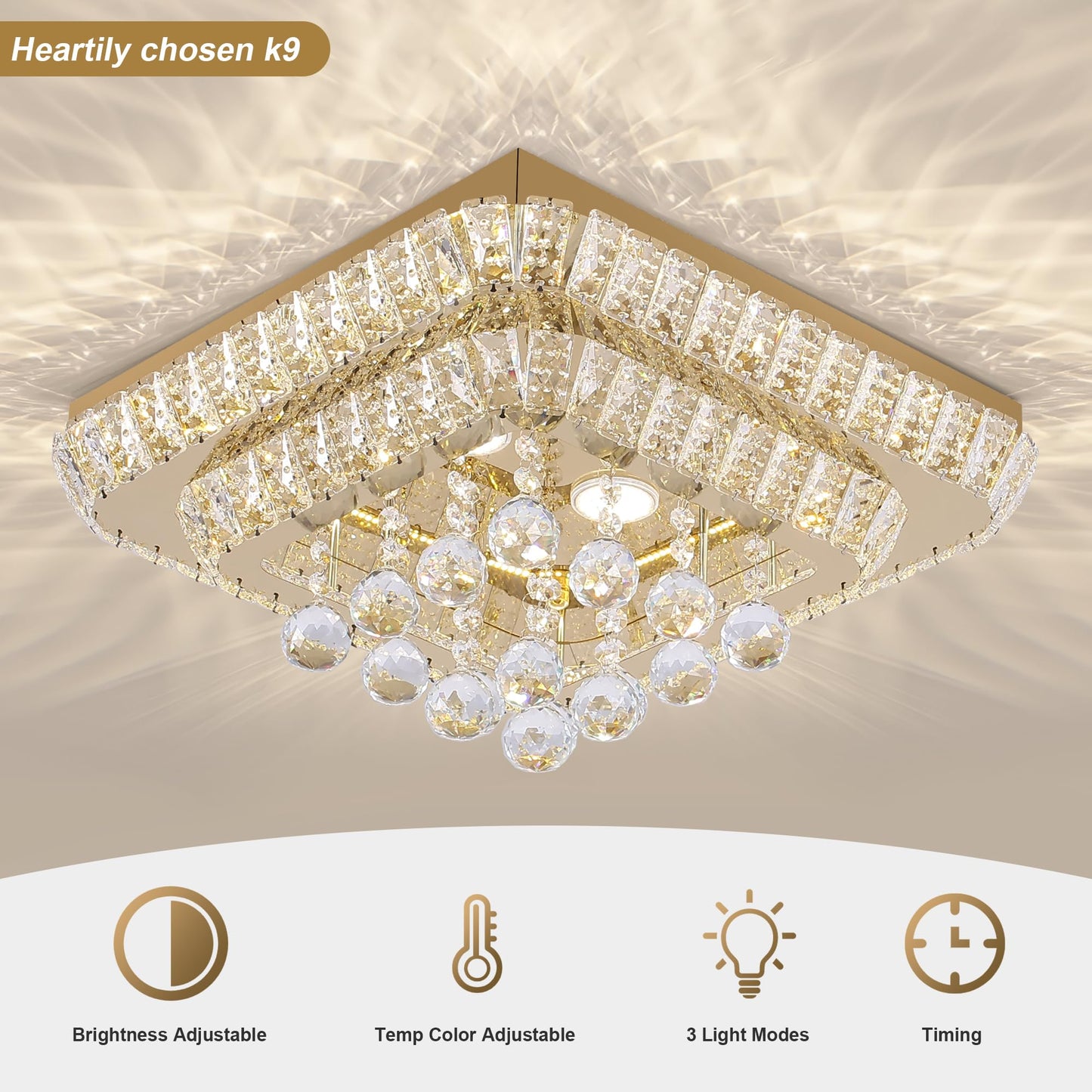 REDSTAR 18in Gold Crystal Flush Mount Ceiling Light, K9 Crystal & Stainless Steel, Remote & APP Control, Model A228-18in-GD