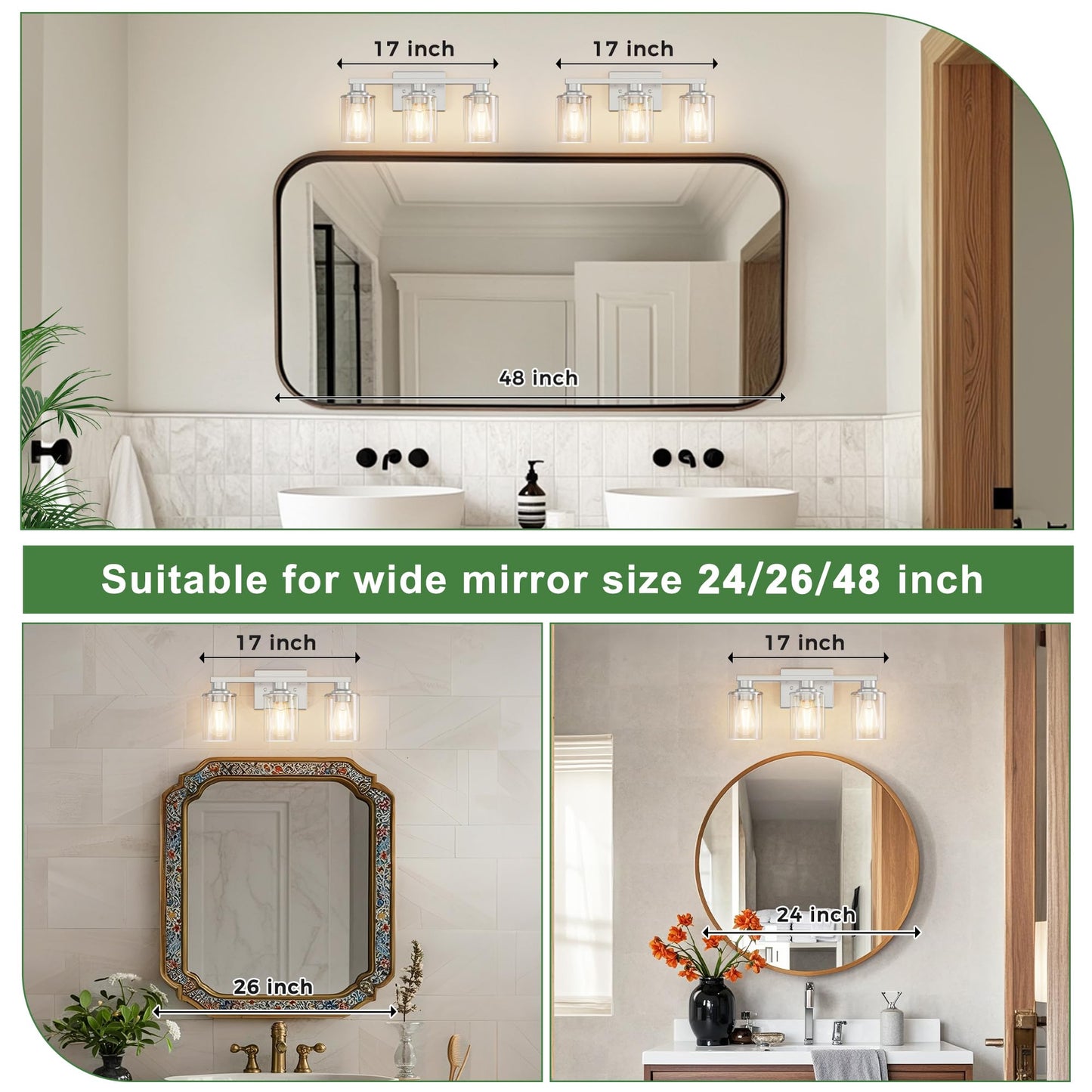 Doresshop 17 Inch Bathroom Light Fixtures  3-Light Chrome Bathroom Lighting Fixtures Over Mirror With Clear Glass Shade  Vanity Lights For Living Room Bedroom