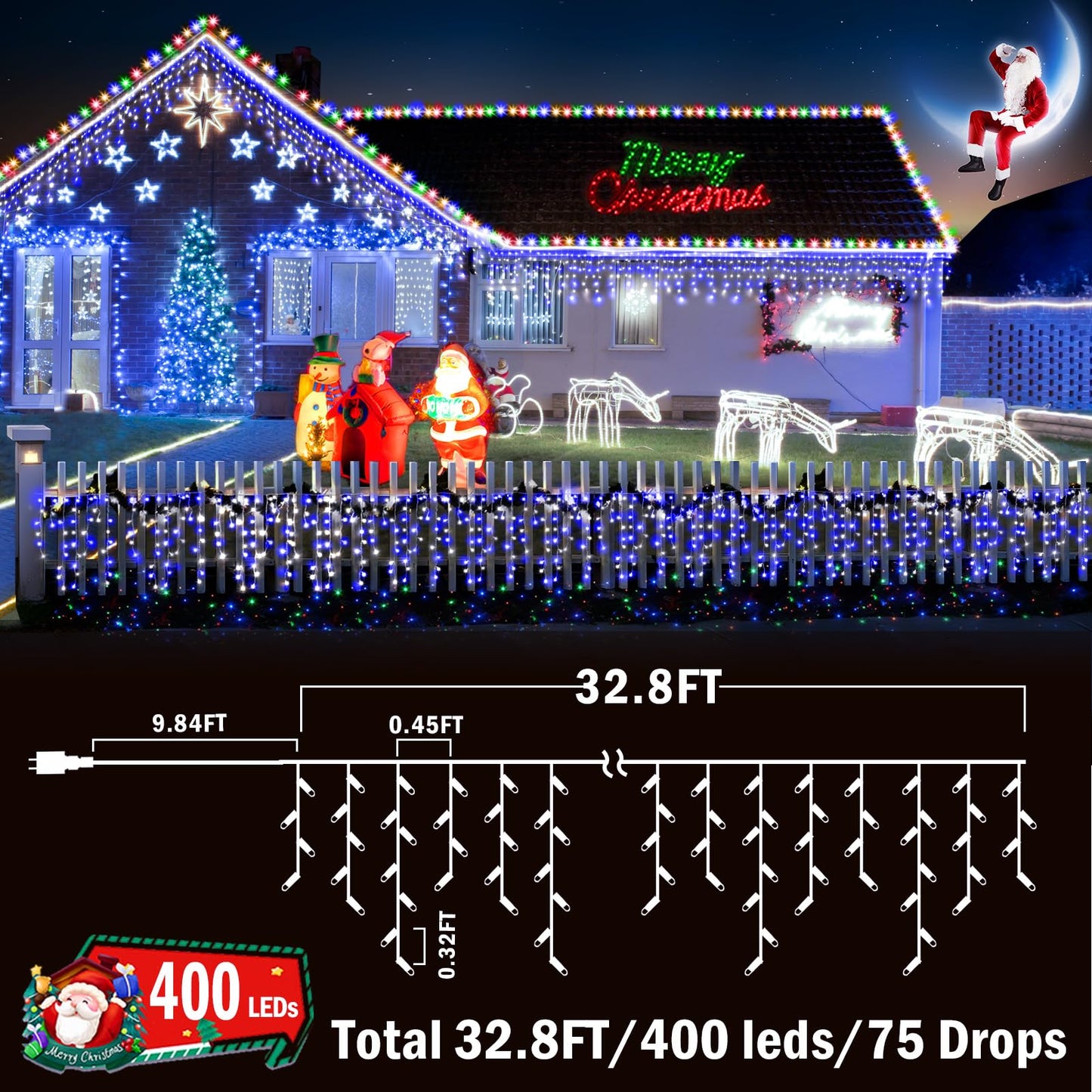 KNONEW LED Curtain Fairy String Lights, 400 LED, 33ft, 8 Modes, Blue and White, Clear Wire, Indoor/Outdoor Decor