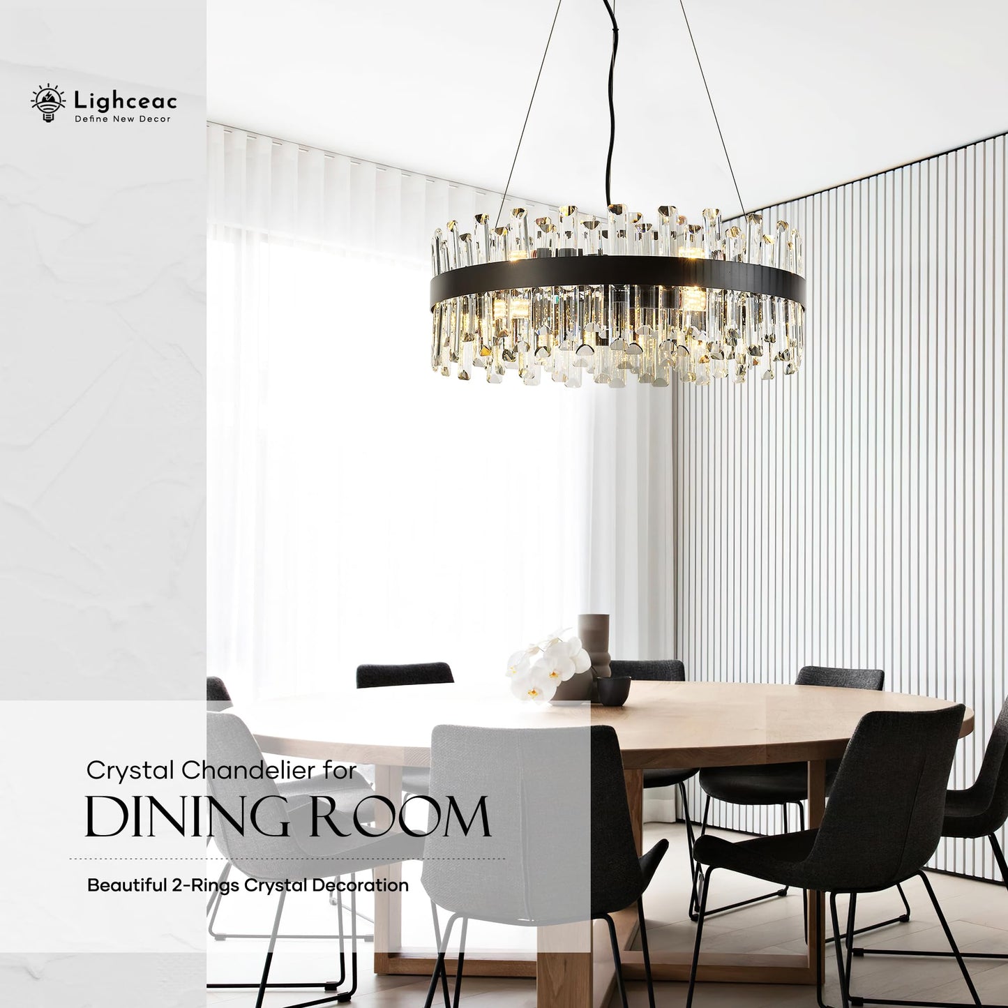 Lighceac 21.7 Black Modern Crystal Chandelier Light Fixtures stylish 2 Ring Crystal Chandeliers For Dining Room 12-Light Round Hanging Pendant Lighting For Living Room Kitchen Island Entryway Bedroom