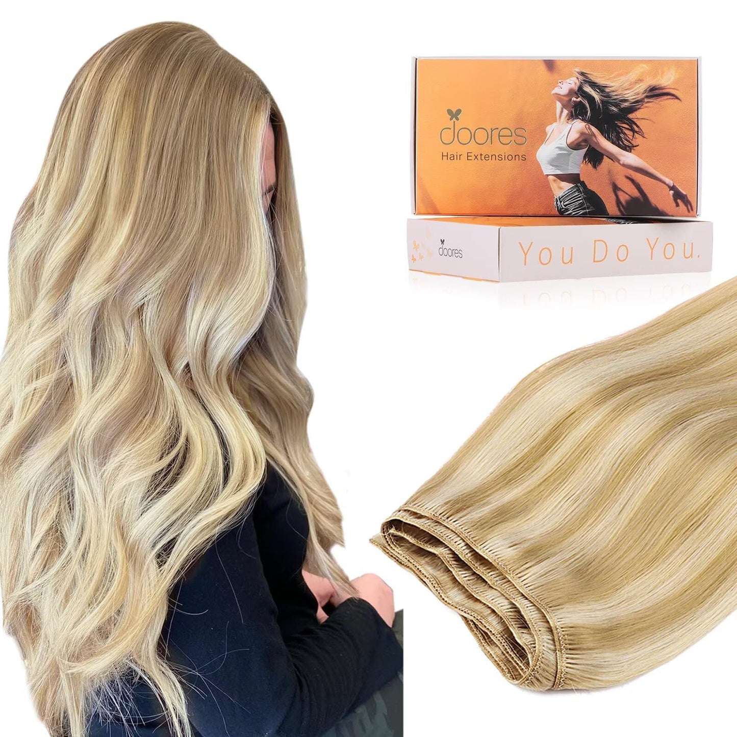 DOORES Sew in Hair Extensions Real Human Hair, Dark Blonde Highlighted Bleach Blonde 14 Inch 80g, Hand Tied Natural Straight