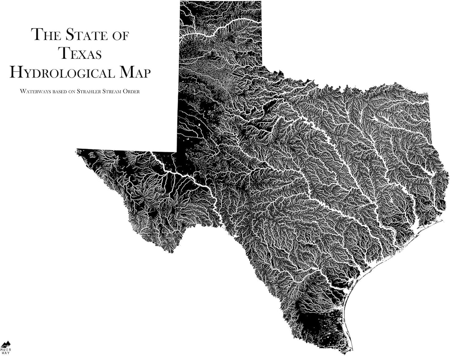 Muir Way Hydrological River Map of Texas - Watershed Topographic Wall Art for Home, Office, or Travel Decor - Unframed Flat Paper Print, 24x30