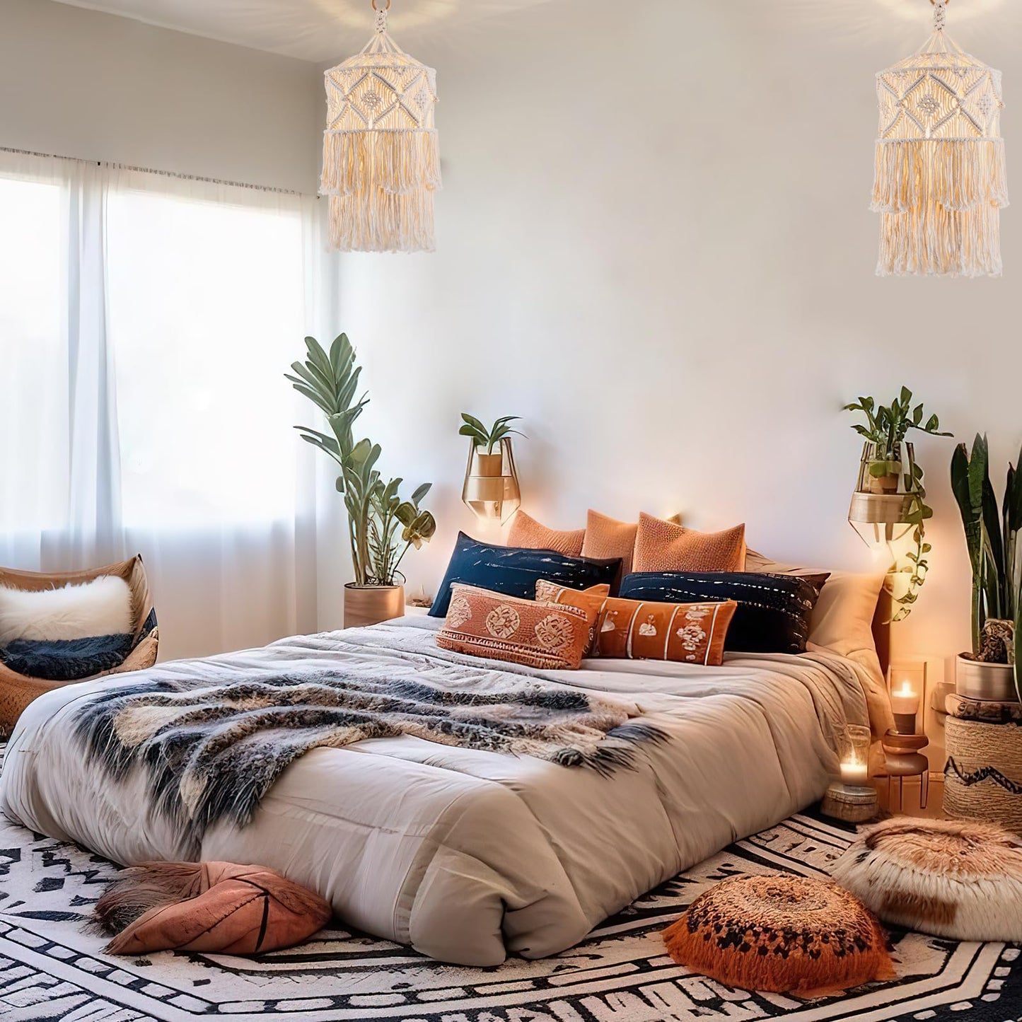 FLSFU Boho Pendant Light, Handmade Macrame Shade, Plug-in Cord, Beige, Model BOHO-04