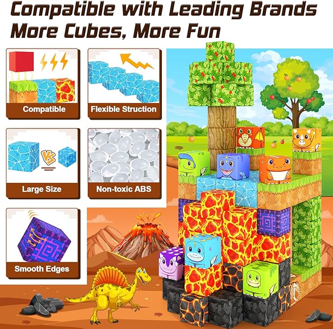 Dinosaur Toys Magnetic Blocks - Build Mine Magnet World Dinosaur Adventure Set, Magnetic Building Blocks Outdoor Toddler Toys for 3+ Year Old Boys & Girls, Creative Jurassic Scenes Kids Toy Games