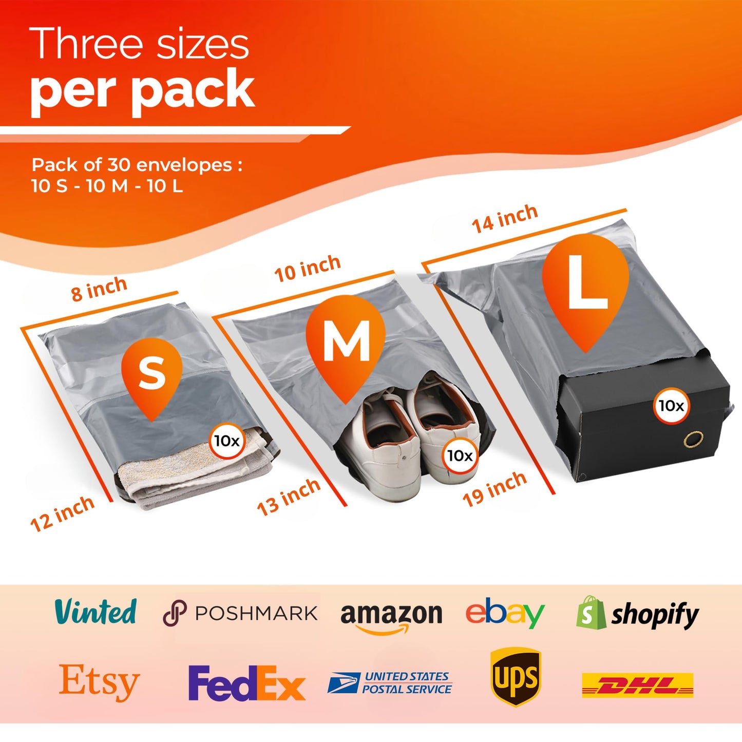 Poly Mailers Shipping Bags (30 Pack) — Self-Seal Plastic Mailing Envelopes, 3 Sizes incl. 8x12, poly mailers 10x13 & 14x19 — Tear & Water-Resistant Plastic Shipping Bags for Clothing Not Padded, Grey