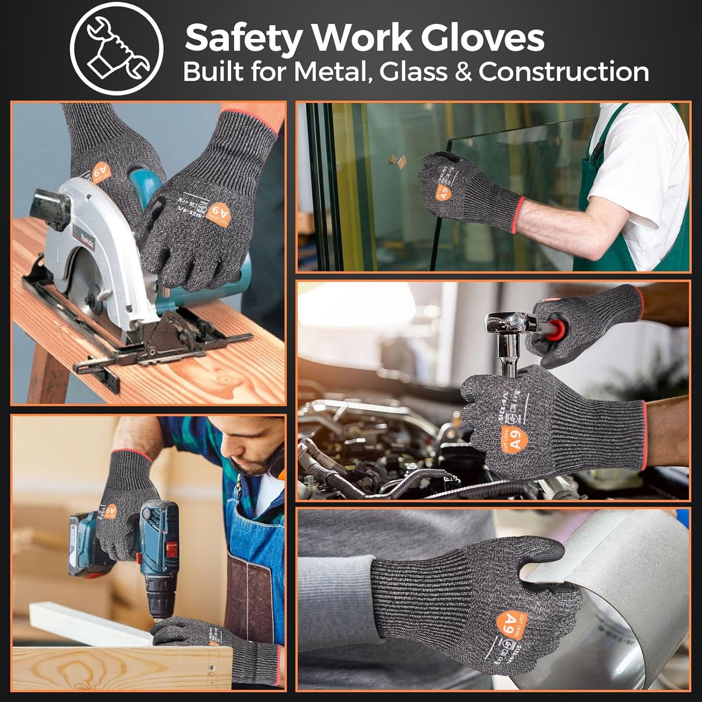 Donfri 3 Pairs A9 Cut Resistant Work Gloves for Men - Steel + HPPE Hybrid Safety Gloves for Men, ANSI Cut Level 9 Protection Flexible for Metal Glass Wood Construction Fishing