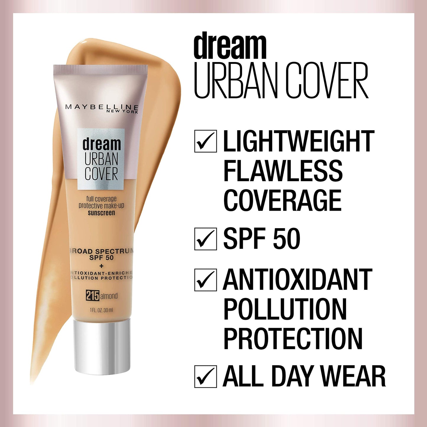 Maybelline Dream Urban Cover Flawless Coverage Foundation Makeup, SPF 50, Cappuccino