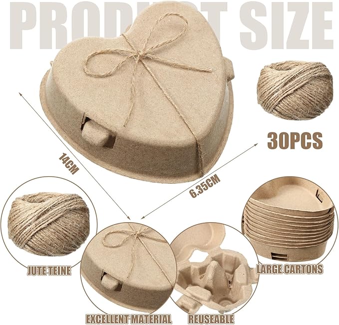 30 Pcs Easter Heart Shaped Eggs Cartons 3 Count Natural Paper Pulp Valentine Egg Cartons with Jute Rope Reusable Cardboard Storage Baskets Holder Tray for Kitchen Holiday Gifts Market Farm
