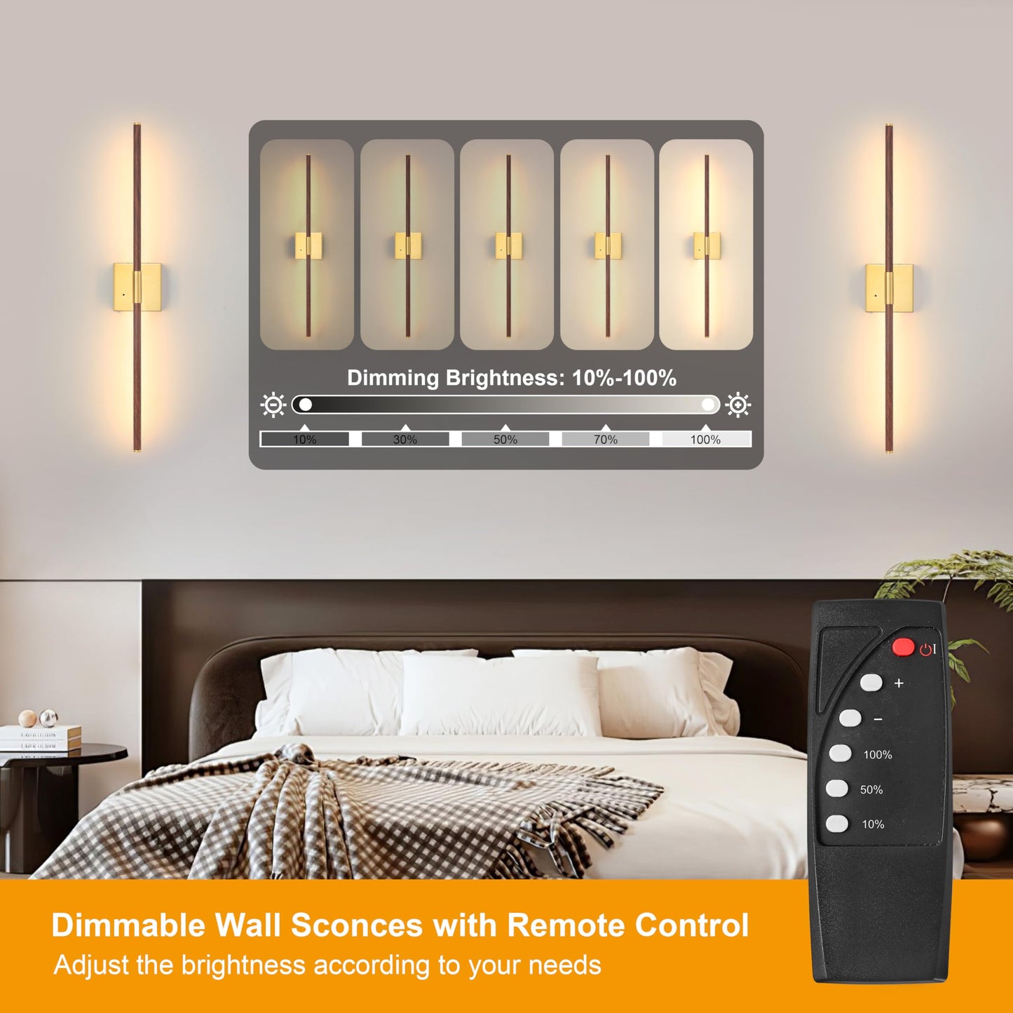 Morauroral 40in Walnut Gold Dimmable Battery Operated Wall Sconces with Remote Control, LED Wireless Lighting, Model 7812