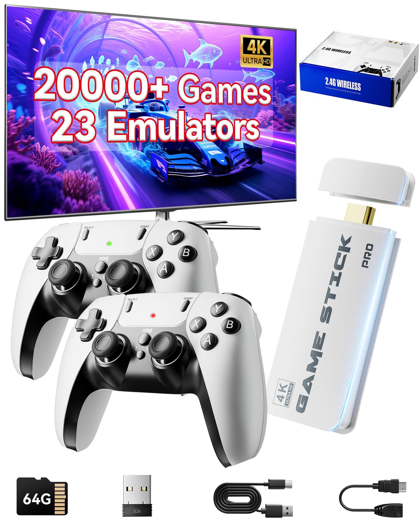 2025 Upgraded Retro Gaming Console Stick, Classic Video Games Stick with 4K HDMI, Built-in 23 Emulators, 20000+ Games - Plug & Play TV Video Gaming Stick with Upgrade Dual 2.4G Wireless Controllers
