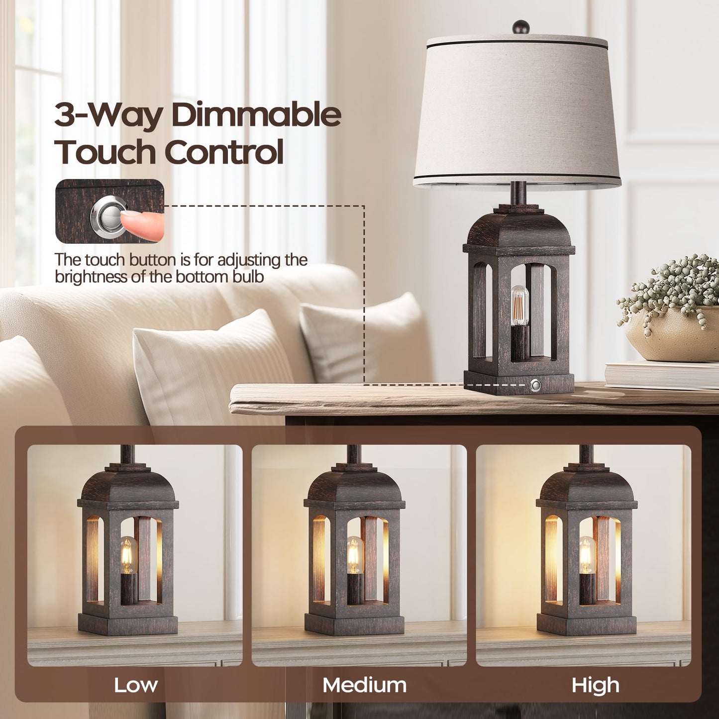 QiMH Table Lamp - 26in Rustic Nightstand Lamp, 3-Way Dimmable Touch Control, USB A+C, Bronze, 1 Pack