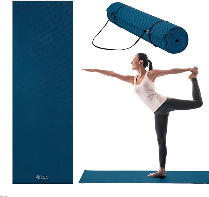 Gaiam Essentials 1/4" Thin (6mm) Yoga & Pilates, Fitness & Exercise Mat with Easy-Cinch Carrier Strap Cusion Support For F...