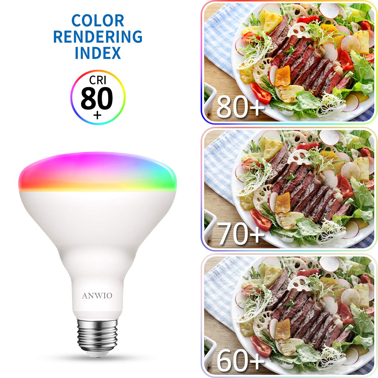 ANWIO Smart Light Bulb BR30 RGB LED WiFi Dimmable 8.5W, Compatible with Alexa & Google Assistant, 4 Pack