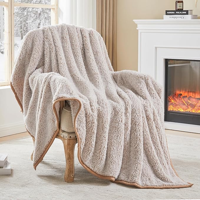 EMME Fuzzy Blanket Soft Fleece Throw Blankets for Women, Fluffy Sherpa Throws(Plush Khaki,50"x60")