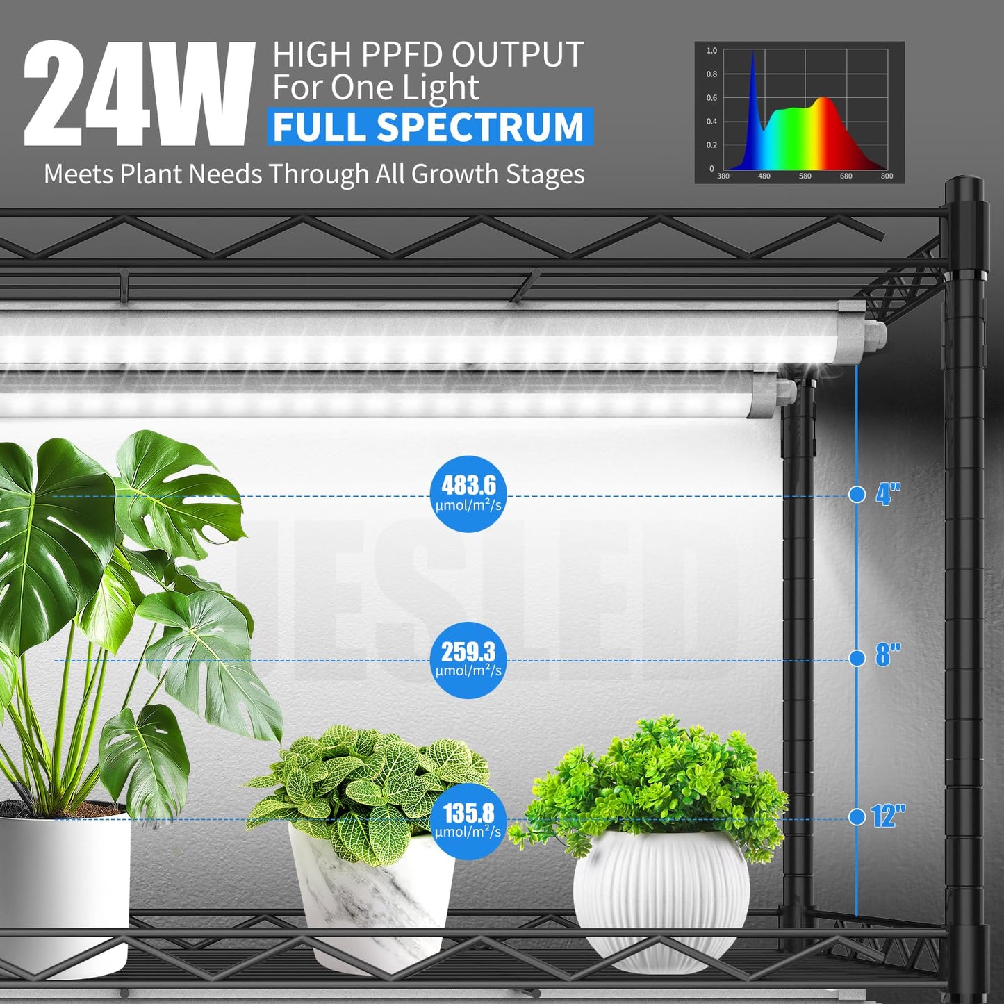 Jesled Indoor Greenhouse With Grow Light  2Ft Full Spectrum 5000K Led Light For Seed Starting  Tiered Lighting Control  Built-In Timer & Thermo-Hygrometer  Rolling Metal Plant Stand (23.6X13.8X59In)