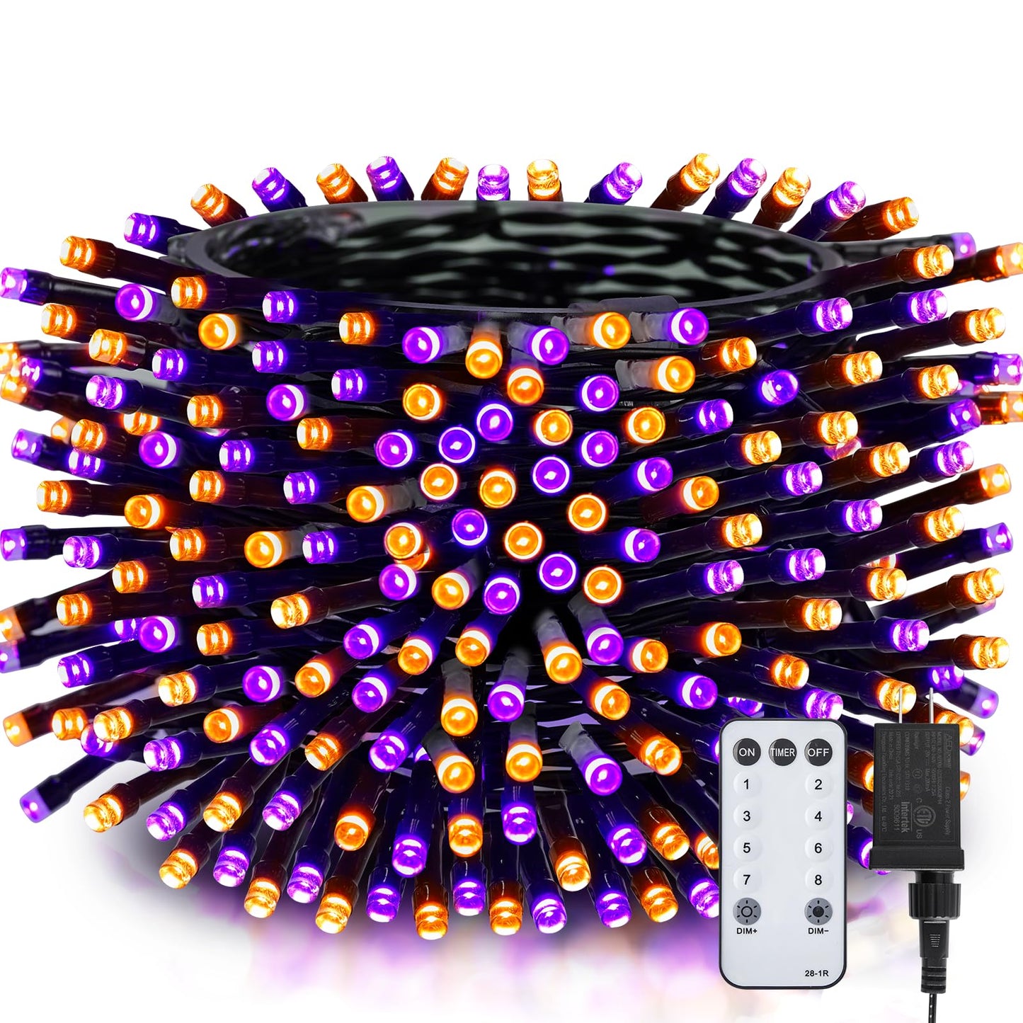 Minetom Halloween String Lights, 200 LED, 66FT, Purple & Orange, 8 Modes, Plastic, Model AED09-02900200GQIP44
