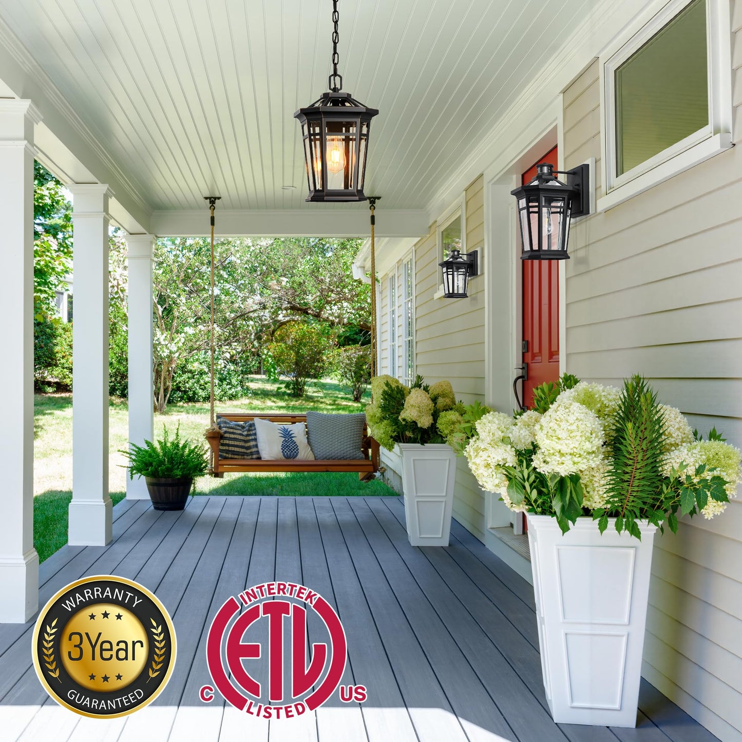 Vianis Large Outdoor Pendant Light With Adjustable Chain  Black Hanging Lights With Gold Trim  Aluminum Outdoor Chandelier For Porch With Tempered Glass  Hanging Lighting For House  Doorway  Entryway