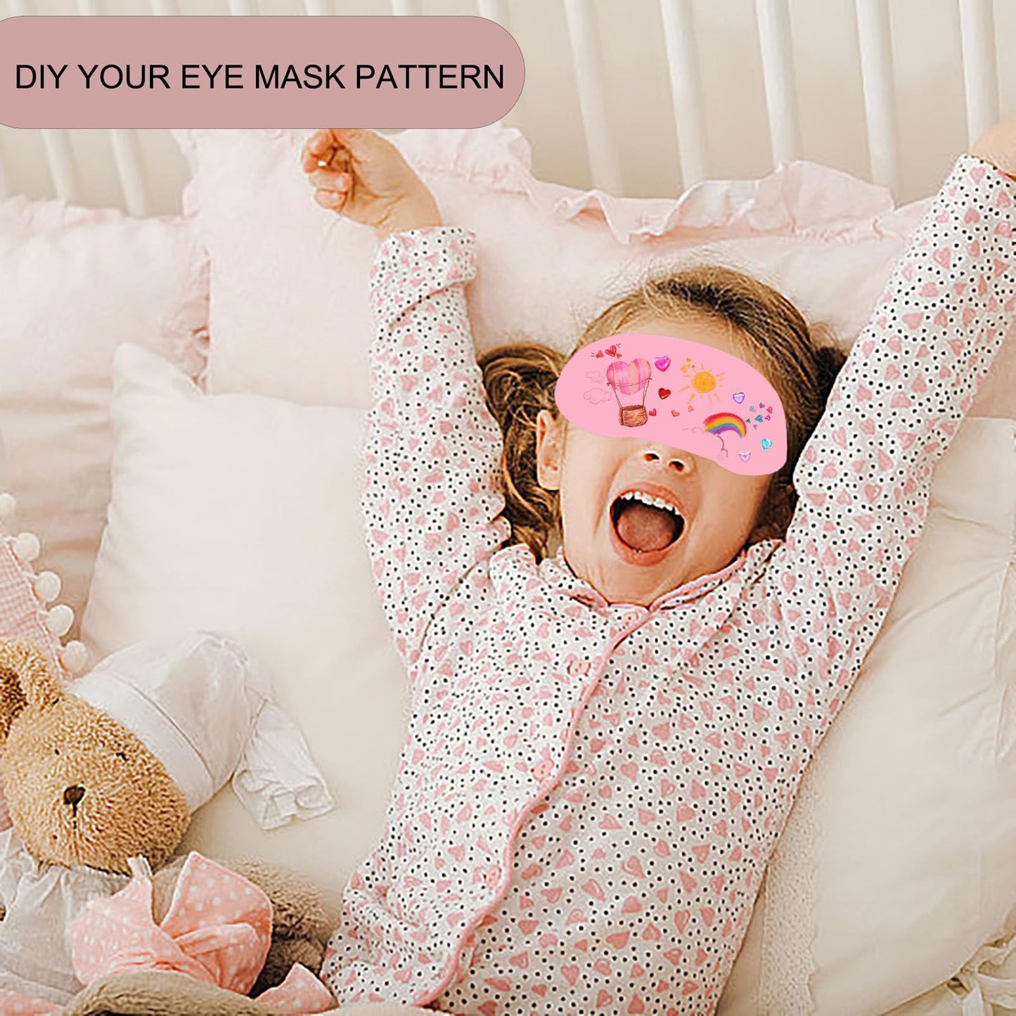 22 PCS Sleepover Party Supplies, 12 PCS Sleep Eye Masks Blindfold Slumber Eye Covering with 2 Sheets Self-Adhesive Heart Rhinestones Gems&8 PCS Fabric Marker Pens, Pink