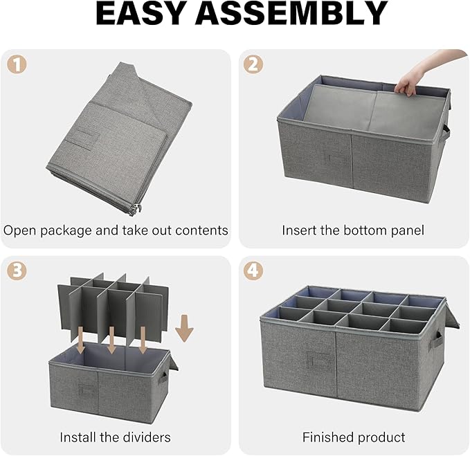 LotFancy Stemware Storage Container for Moving, Hard Shell, Wide Wine Glass Storage Box with Dividers & Handles, Stackable, Foldable Crystal Glassware Case, 21”x15.5”x10”, Grey