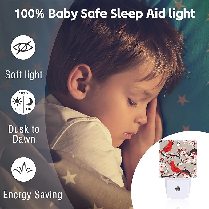 Red Cardinal with Cherry Blossoms Night Light for Kids,Pink Spring Floral Bird Night Light Plug in with Dusk to Dawn Sensor,0.5w Energy Saving Nightlight for Hallway Stairway Kitchen Bedroom
