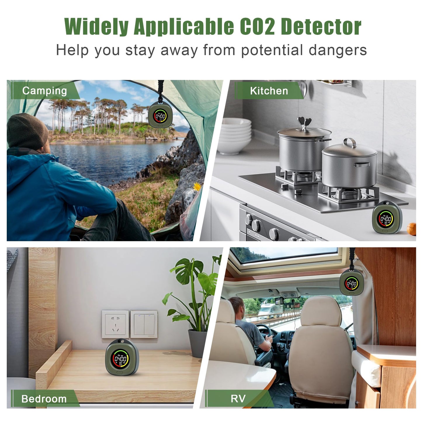 ASIEIT 4-in-1 Portable Carbon Monoxide and Carbon Dioxide Detectors, Upgraded 3-Day Standby Rechargeable CO & CO2 Detector, Real-Time CO & CO2 Alarm for Air Safety for Travel, Camping, Home, Green