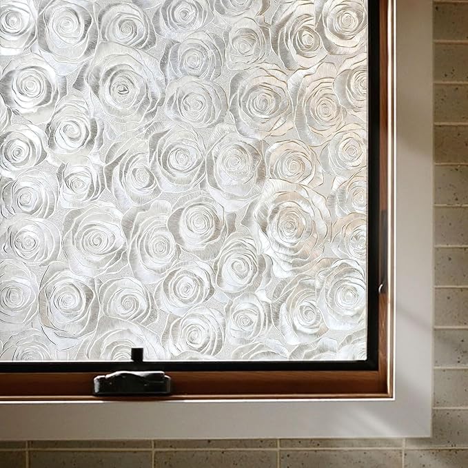 Window Privacy Film, Frosted Glass Decorative Static Cling, Removable Sun Blocking Vinyl Covering,Window Film for Home Kitchen Living Room Bathroom,Sea of Flowers,35.4" x 78.7"