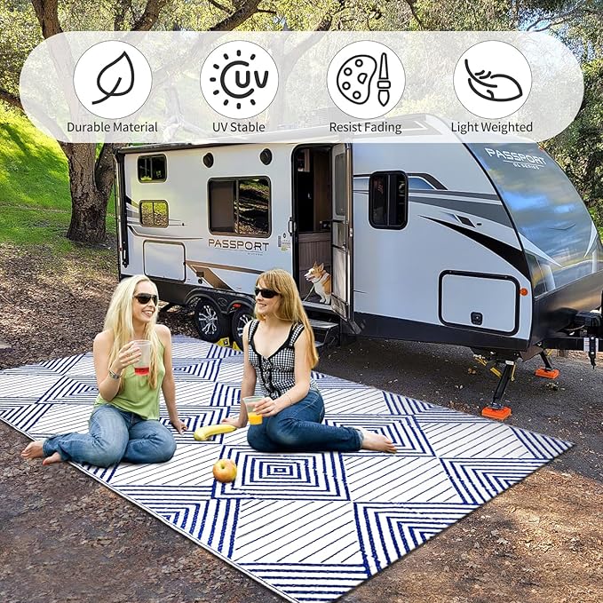 Waterproof Outdoor Rug 5x8ft, Foldable Reversible Plastic Straw Mat for Patio RV Deck Porch Backyard Balcony Camping Picnic Beach Indoor Outdoor Carpet, Blue&White