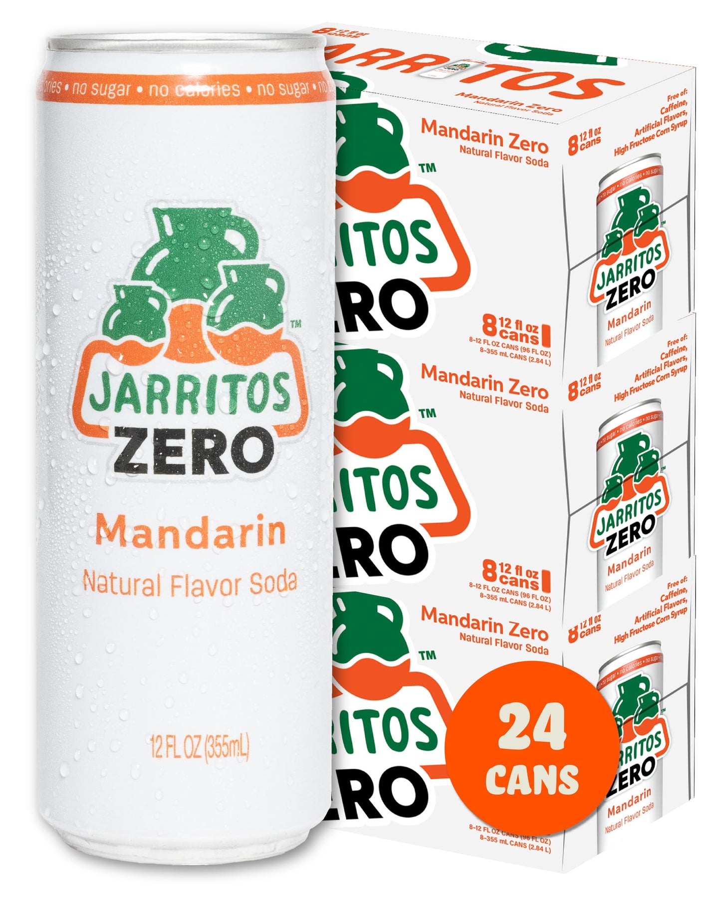 Jarritos - Mexican Soda Soft Drinks  Mandarin ZERO Sugar (12 oz  355ml) 24 Cans (3 Boxes of 8) - Sugar Free - 0 Calories  0g Fat - Made in Mexico - Natural Flavor Soda Pop - Party & BBQ Beverages