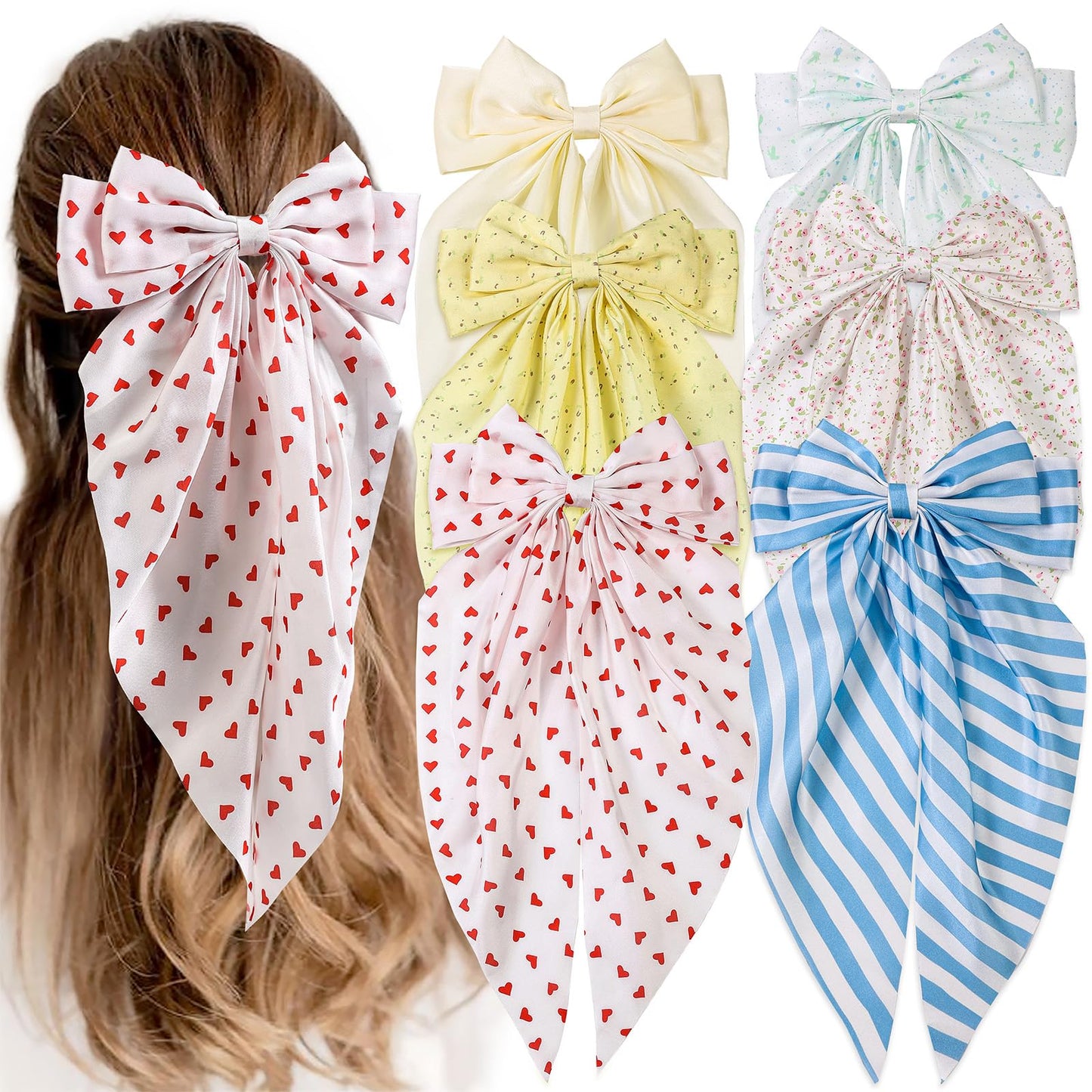 6 PCS Hair Bows for Women, Big Bow Hair Clips for Girls, Silky Satin Hair Bows Clips Oversized Long Tail, Large Cute Aesthetic H