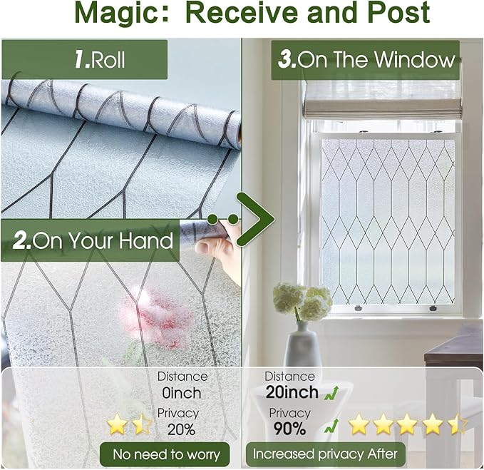 Windimiley Window Privacy Film Stained Glass Static Clings, Bathroom Frosted Leaded Decorative Window Stickers, UV Heat Blocking Opaque Removable for Home Door Coverings (23.6 x 394 in,Pure)