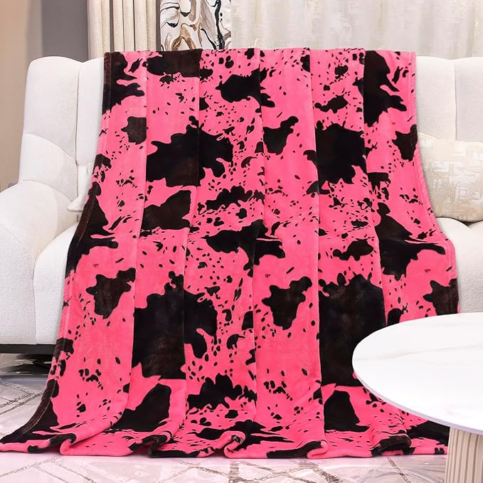 King Size Throw Blanket for Bed - Pink Cow Print Blanket Lightweight Warm Fuzzy Soft Fleece Bedding for Bedroom, Living Room, Gifts for Women
