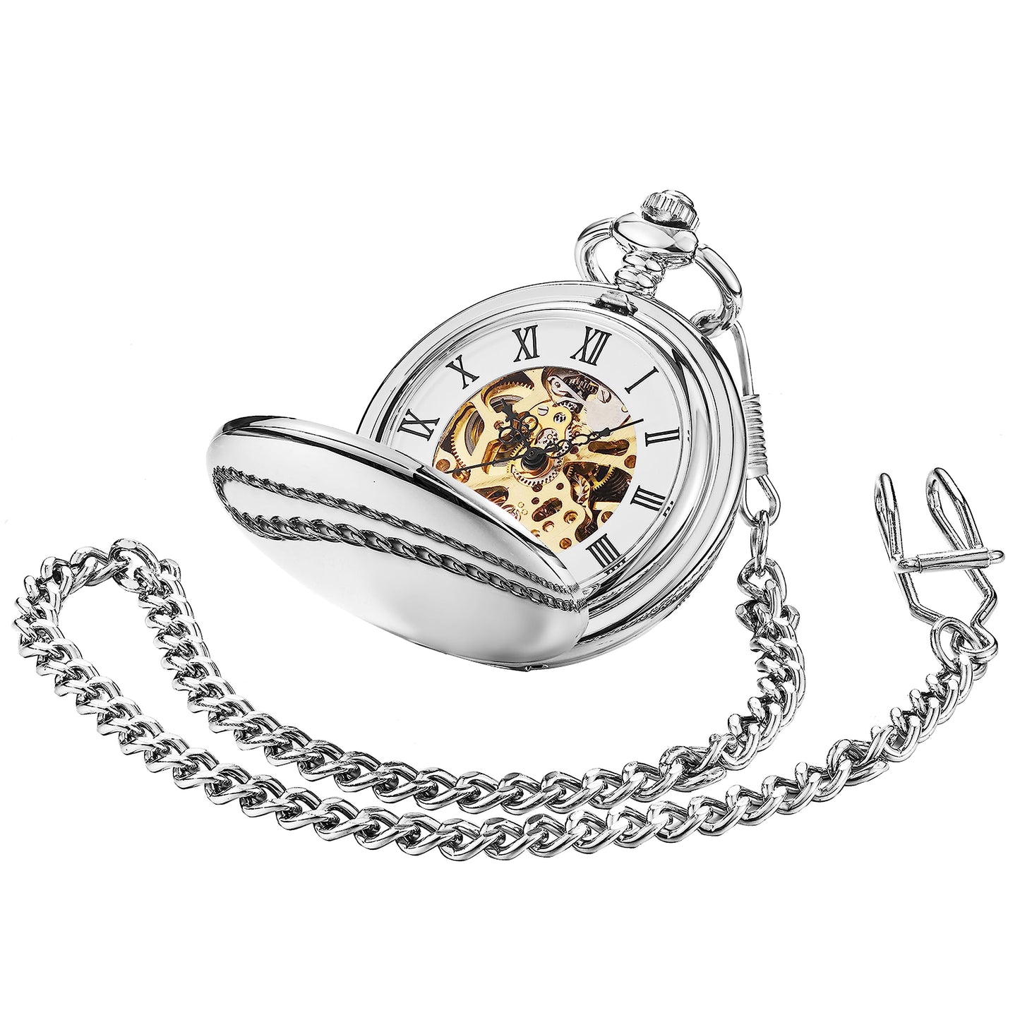 ShoppeWatch Mens Silver Pocket Watch with Chain | Hand Winding Vintage Pocket Watch | Classic Mechanical Movement Pocketwatch |