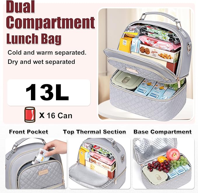 Lunch Bag - Dual Compartment Insulated Lunchbox for Men & Women - Leakproof Lunch Cooler with Adjustable Strap for Work, Picnic, Beach