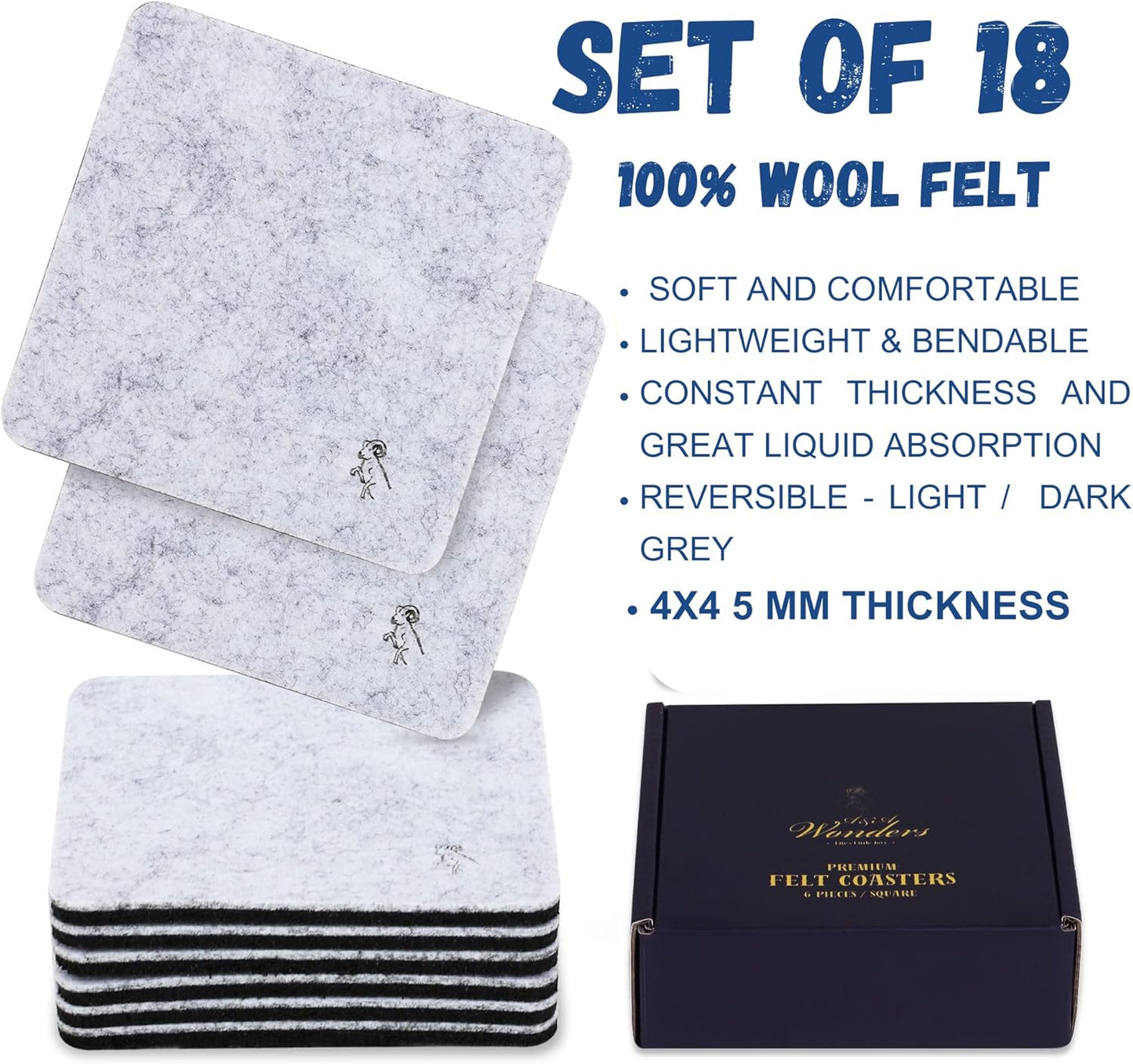 A&A Wonders Premium Felt Coasters for Drink, Two-Tone Reversible, Absorbent Felt Protects Furniture, Table, Anti Slip, Suitable for Drinks & All Table Types (Light Gray/Dark Gray, Square 18 Pack)