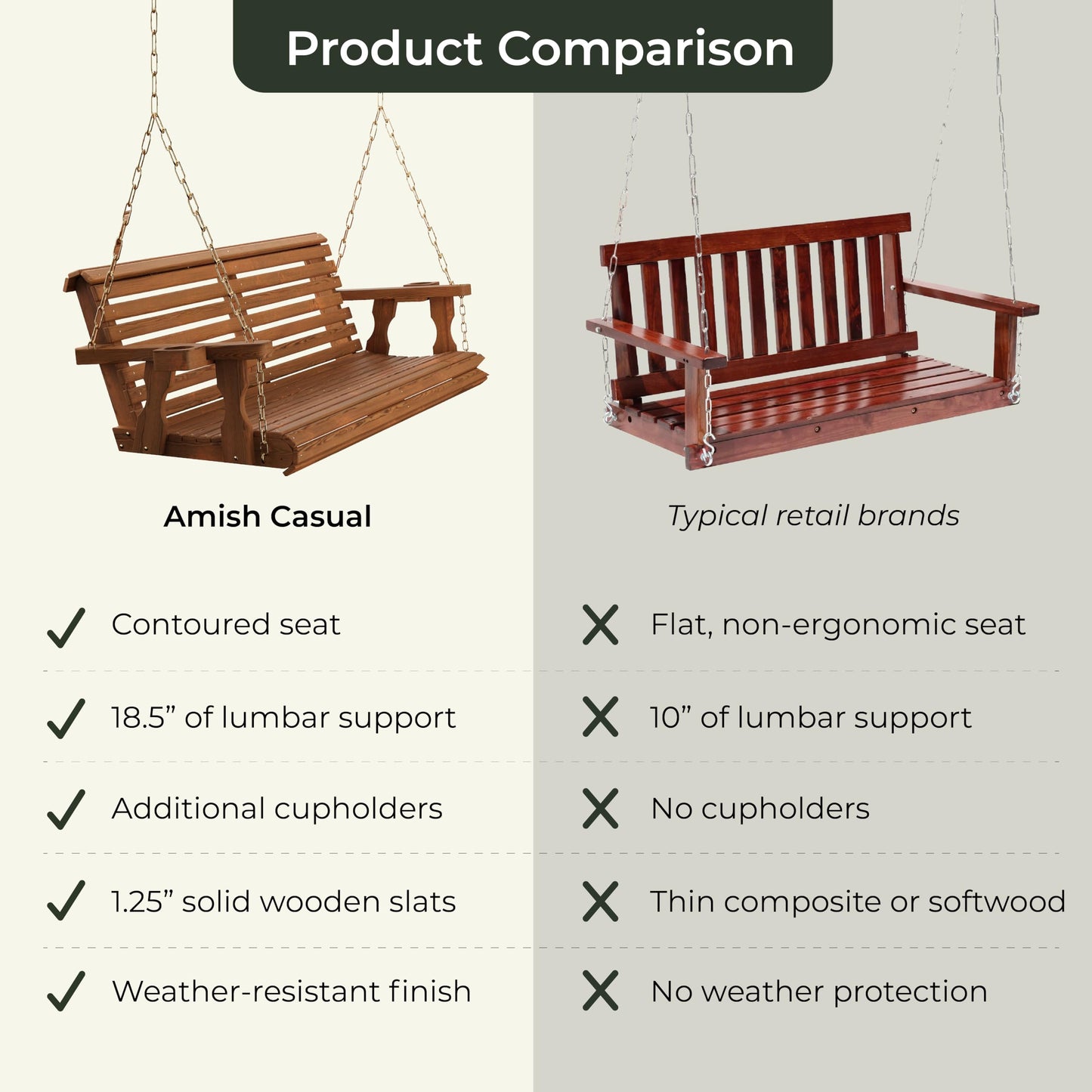Amish Casual Heavy Duty 700 Lb Capacity Porch Swing with Cup Holders (4 Foot, Cedar Stain) – Wooden Outdoor Roll Back Swing with Hanging Chains – Amish Made in the USA