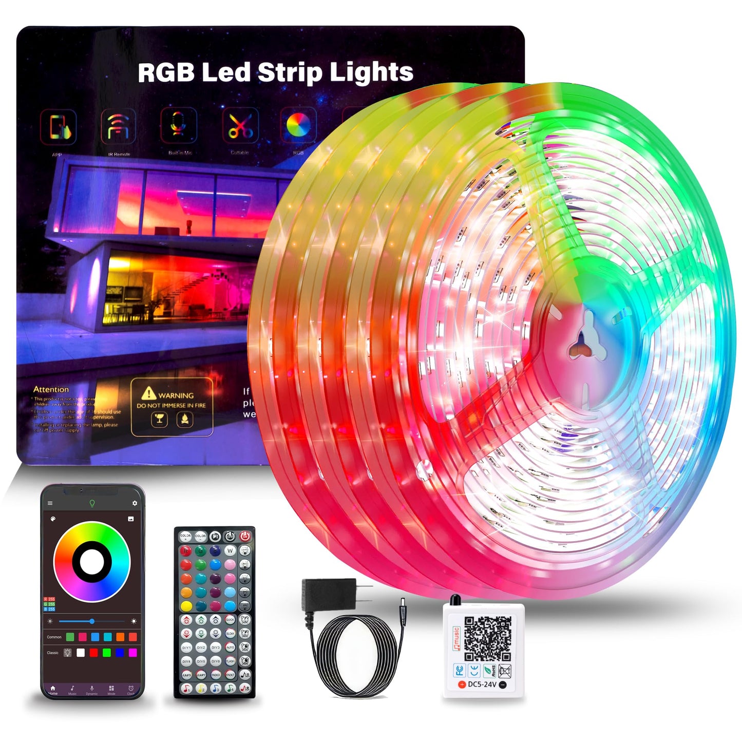 NBBUFF RGB LED Strip Lights 300FT, Music Sync, Remote & App Control, Plastic, White, Model NB-rgb00-7