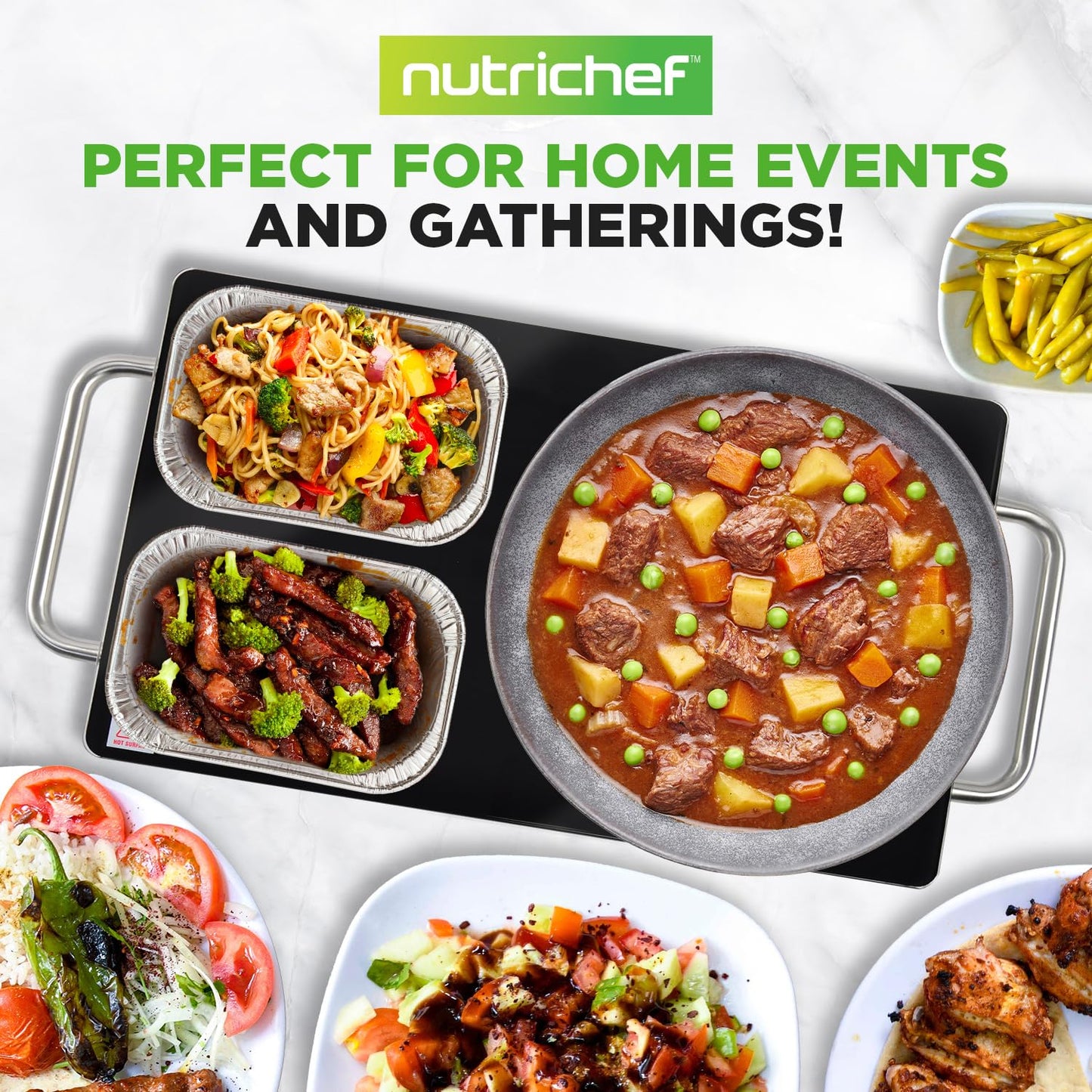 NutriChef Large Electric Warming Tray | 20" x 12" Hot Plate | Ideal for Buffets, Restaurants, Parties, & Home Dinners - Glass Top Keeps Food Hot - Perfect for Events | Heats your food to 200°F