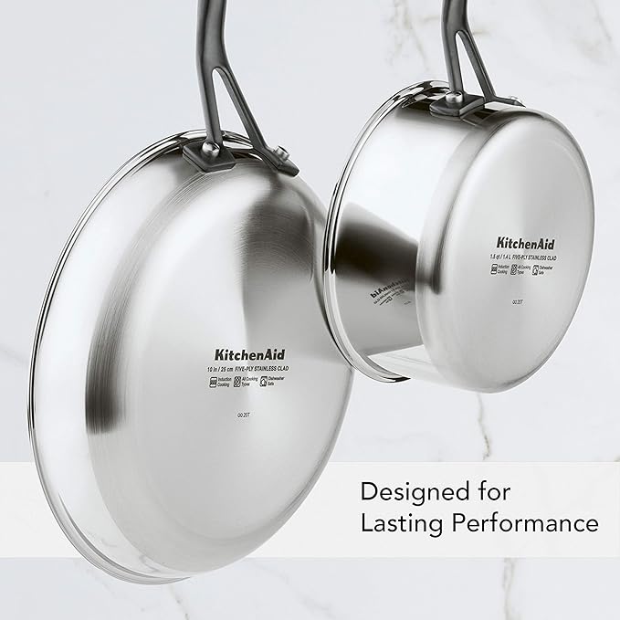 KitchenAid 5-Ply Clad Stainless Steel Cookware Pots and Pans Set, 10 Piece, Polished Stainless